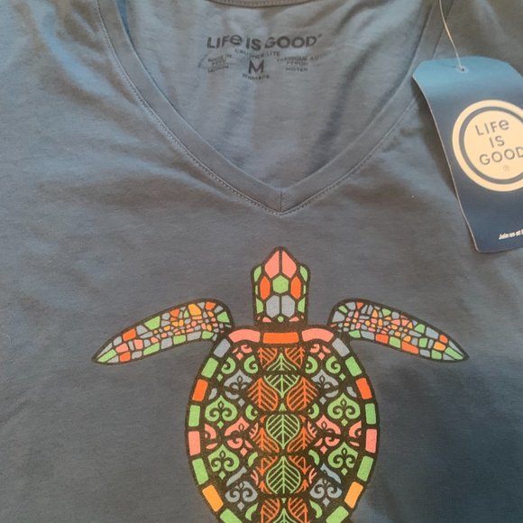 Life Is Good, V-Neck T-Shirt, Blue w Multi-Color Sea Turtle Design, Medium - Picture 2 of 3